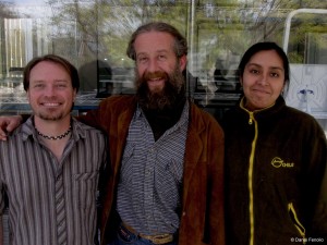 Bernardo (middle), who will sculpt a ginat Darwin's Frog for the exhibit, comes to see what is happening.