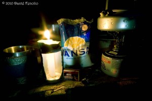 A makeshift lantern illuminates our supplies to make breakfast before dawn.