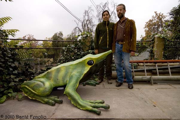 Bernardo and Marcela show off the new Rhinoderma statue.